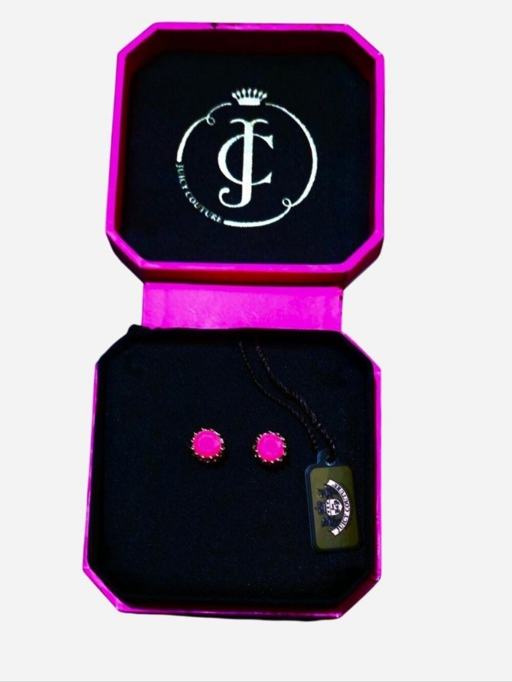 NWT Juicy Couture neon pink stone earrings in gold setting w gold crown backs